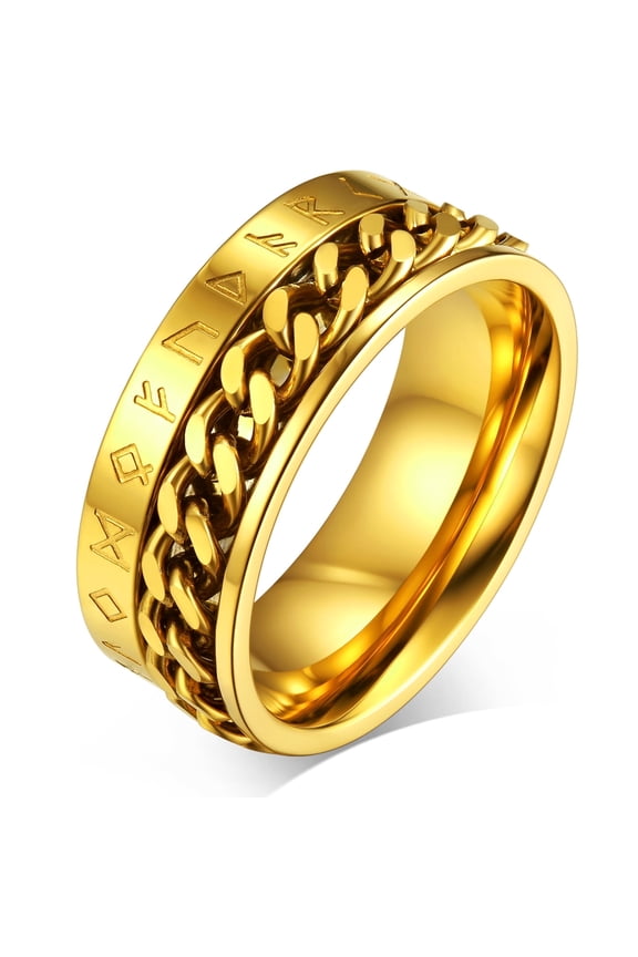 Nordic Viking Spinner Runes Ring for Men Jewelry Gift Gold Plated Punk Cuban Link Chain Band Ring Stainless Steel Rotatable Fidget Ring for Anxiety for Anniversary Size 14