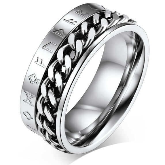 FaithHeart Nordic Viking Spinner Runes Ring for Men Jewelry Gift Silver Punk Cuban Link Chain Band Ring Stainless Steel Rotatable Fidget Ring for Anxiety for Fathers Day Size 13