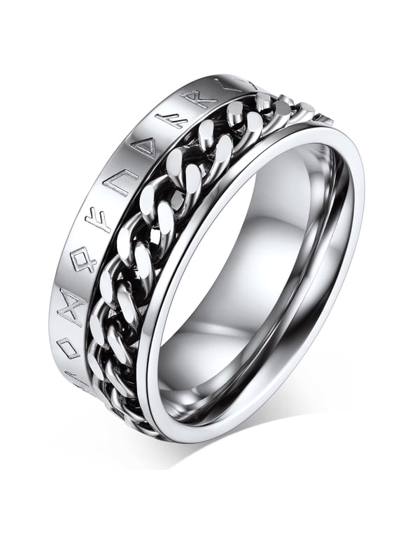 Nordic Viking Spinner Runes Ring for Men Jewelry Gift Silver Punk Cuban Link Chain Band Ring Stainless Steel Rotatable Fidget Ring for Anxiety for Anniversary Size 14