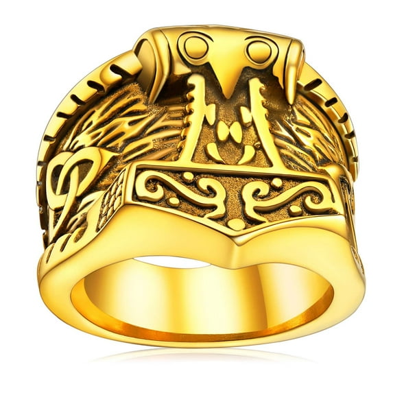 FaithHeart Nordic Viking Thor's Hammer Mjolnir Ring for Men Solid Rune Band Rings Gold Plated Stainless Steel Jewelry Punk Celtic Knot Protection Amulet Gift for Rappers Size 10