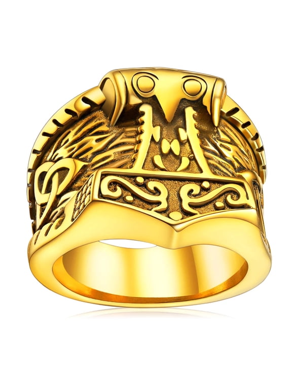 Nordic Viking Thor's Hammer Mjolnir Ring for Men Solid Rune Band Rings Gold Plated Stainless Steel Jewelry Punk Celtic Knot Protection Amulet Gift for Rappers Size 9