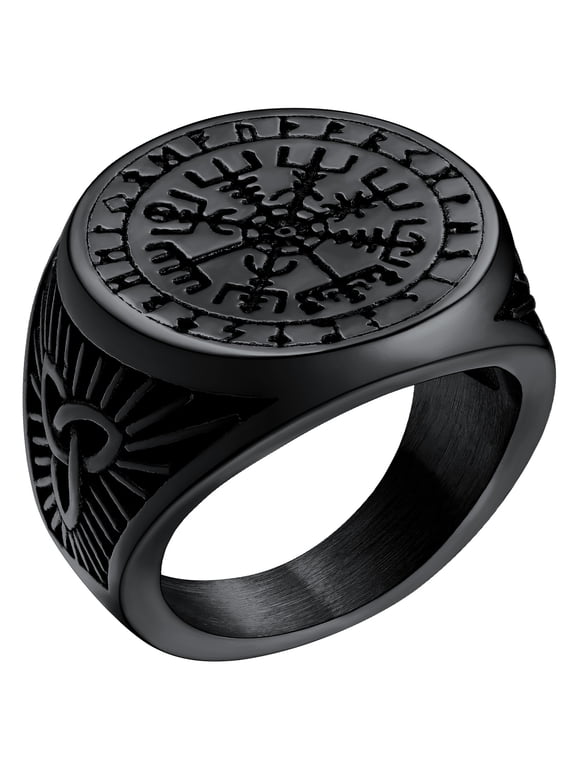 Nordic Viking Vegvisir Pirate Compass Ring for Men Solid Rune Band Rings Black Stainless Steel Jewelry Punk Celtic Knot Protection Amulet Gift for Rappers Size 11
