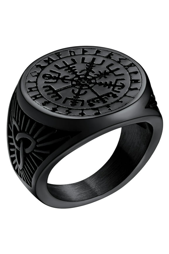 Nordic Viking Vegvisir Pirate Compass Ring for Men Solid Rune Band Rings Black Stainless Steel Jewelry Punk Celtic Knot Protection Amulet Gift for Rappers Size 11