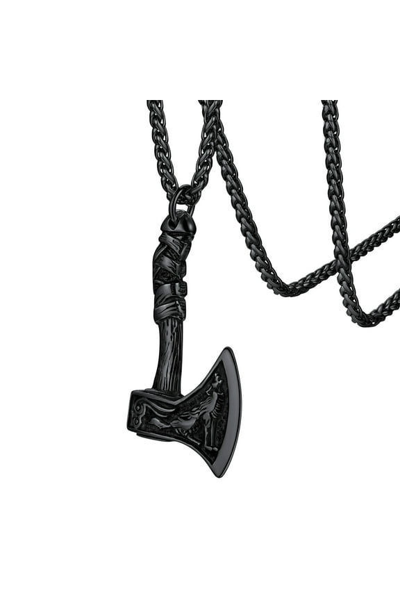 Norse Viking Axe Pendant Necklace for Men Black Stainless Steel Howling Wolf Nordic Mythology Battle Hatchet Jewelry Gift for Dad Son Birthday Father's Day