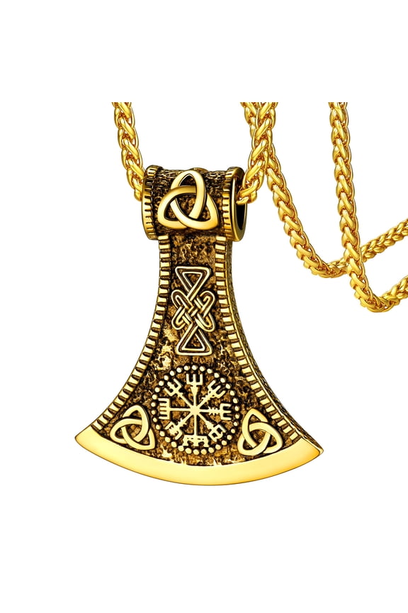 Norse Viking Battle Axe Necklace for Men Gold Plated Stainless Steel Vegvisir Compass Pendant Nordic Mythology Jewelry Gift for Dad Birthday Fathers Day