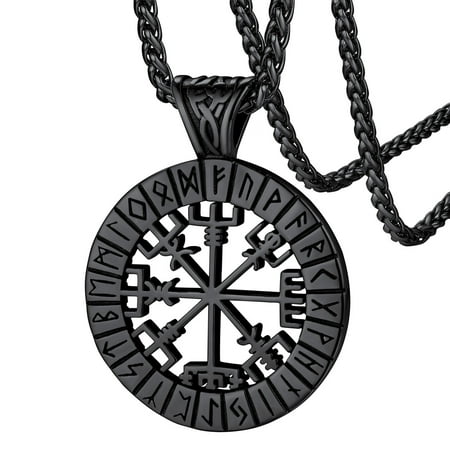 FaithHeart Norse Viking Compass Neckalce for Men Vegvisir Pendant Black Stainless Steel Vintage Nordic Scandinavian Talisman Jewelry Gift for Dad Son Father's Day Birthday Gift