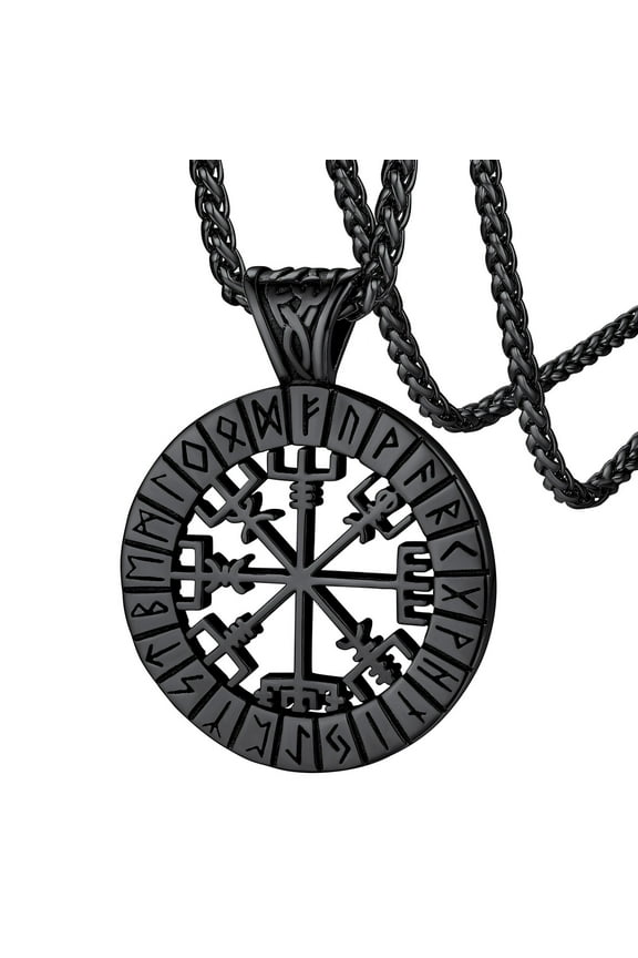Norse Viking Compass Neckalce for Men Vegvisir Pendant Black Stainless Steel Vintage Nordic Scandinavian Talisman Jewelry Gift for Dad Son Father's Day Birthday Gift