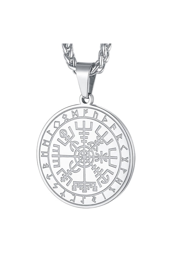 Norse Viking Compass Necklace for Men Stainless Steel Vegvisir Amulet Guiding Medal Pendant Jewelry Gift for Son Brother Christmas Birthday