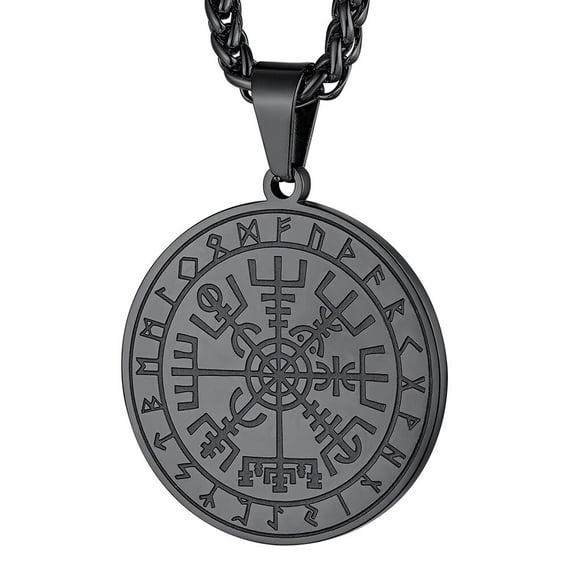 FaithHeart Norse Viking Compass Necklace for Men Black Stainless Steel Vegvisir Amulet Guiding Medal Pendant Jewelry Gift for Boyfriend Husband Valentine's Day
