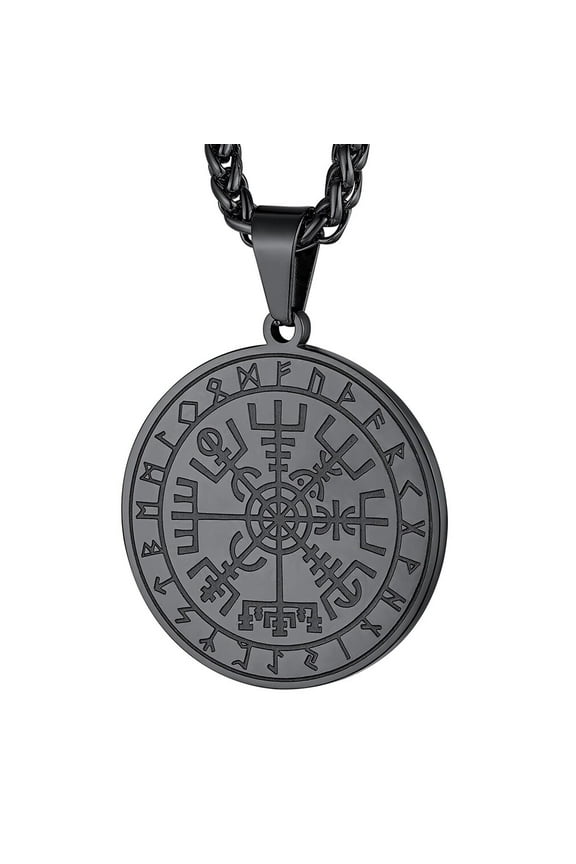 Norse Viking Compass Necklace for Men Black Stainless Steel Vegvisir Amulet Guiding Medal Pendant Jewelry Gift for Boyfriend Husband Valentine's Day