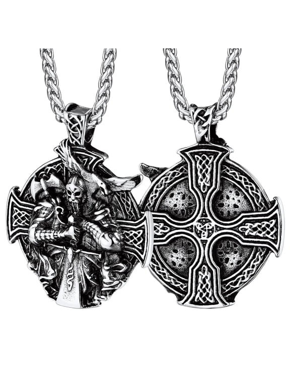 Viking Odin Warriors Necklace for Men Stainless Steel Norse Cross Odin Medallion Vintage Celtic Knot Amulet Jewelry Gift for Son Brother Christmas