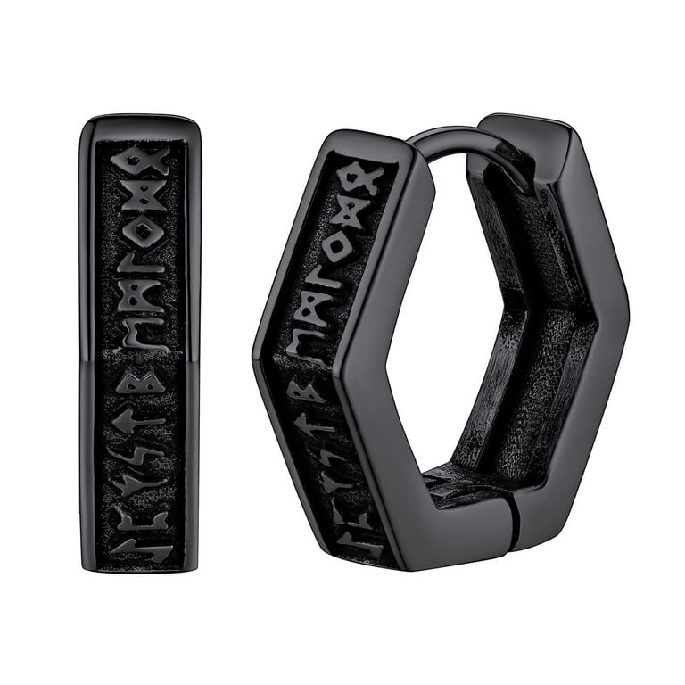 FaithHeart Norse Viking Rune Earrings for Men Stainless Steel Retro Hexagon Black Ear Hoops Ear Charms