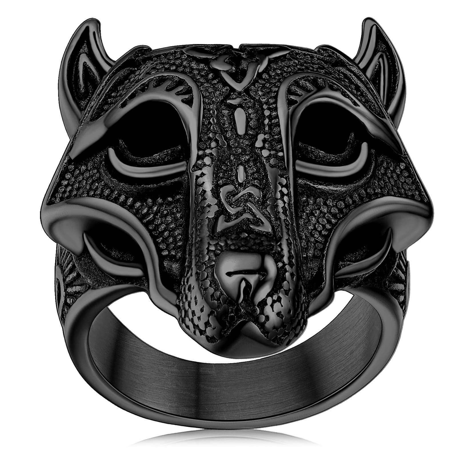 FaithHeart Norse Viking Wolf Head Rings for Men Black Fenrir Finger ...