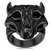 FaithHeart Norse Viking Wolf Head Rings for Men Black Fenrir Finger Thumb Band Rings Stainless Steel Punk Cool Jewelry Protection Warrior Amulet Gift for Rappers Biker Size 11