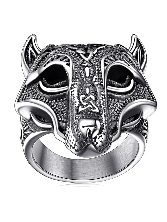 Norse Viking Wolf Head Rings for Men Fenrir Finger Thumb Band Rings Stainless Steel Retro Punk Jewelry Protection Warrior Amulet Gift for Dad Birthday Size 9