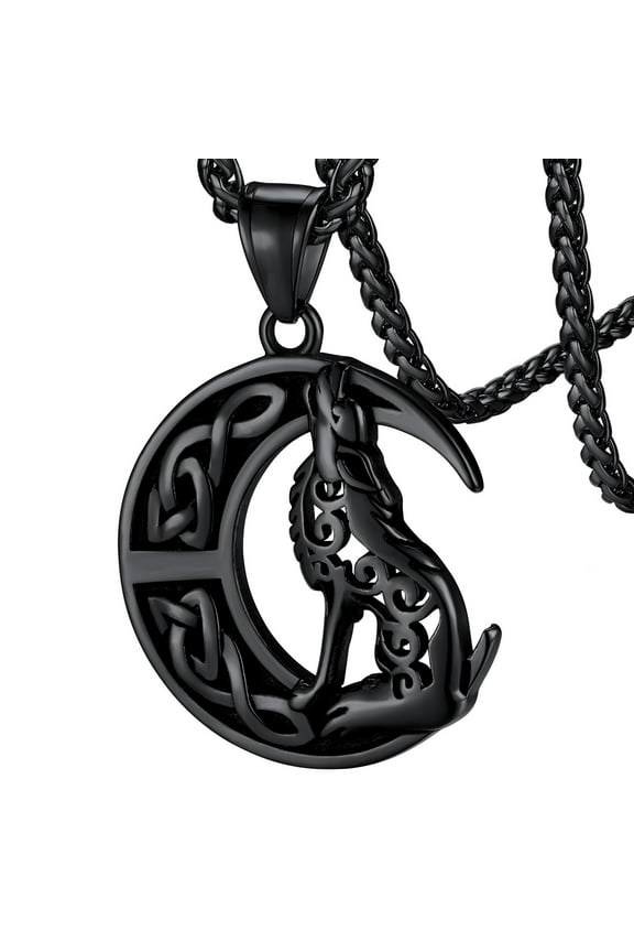 Norse Viking Wolf Moon Necklace for Men Black Stainless Steel Scandinavia Jewelry Gift for Dad Grandpa Fathers Day