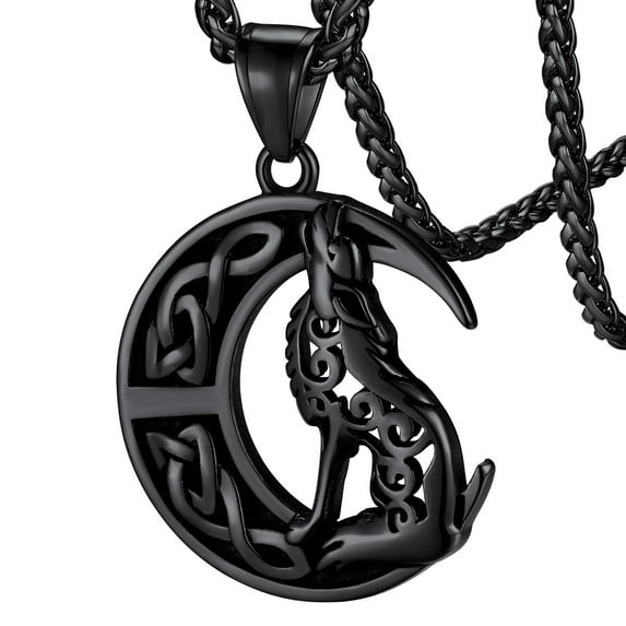 FaithHeart Norse Viking Wolf Moon Necklace for Men Black Stainless Steel Scandinavia Jewelry Gift for Dad Grandpa Fathers Day