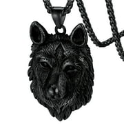 FaithHeart Norse Viking Wolf Pendant Necklace for Men Black Stainless Steel Scandinavia Jewelry Gift Amulet for Dad Son Birthday Christmas