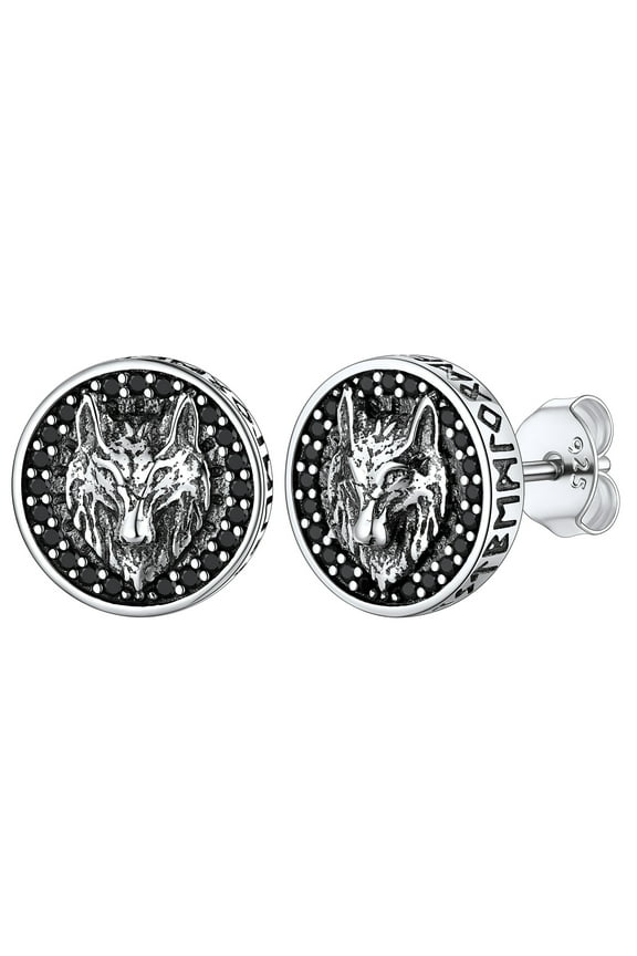 Norse Viking Wolf Stud Earrings for Men S925 Sterling Silver Ear Charms with Black Onyx Vintage Viking Runes Jewelry Gift for Boyfriend Husband Valentine's Day