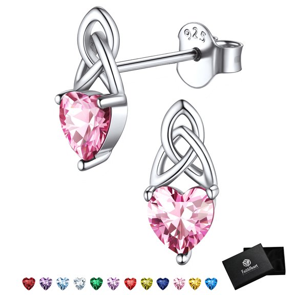 FaithHeart October Birthstone Heart Stud Earrings for Women 925 Sterling Silver Celtic Knot Earrings Hypoallergenic Friend Birthday Jewelry with Gift Box