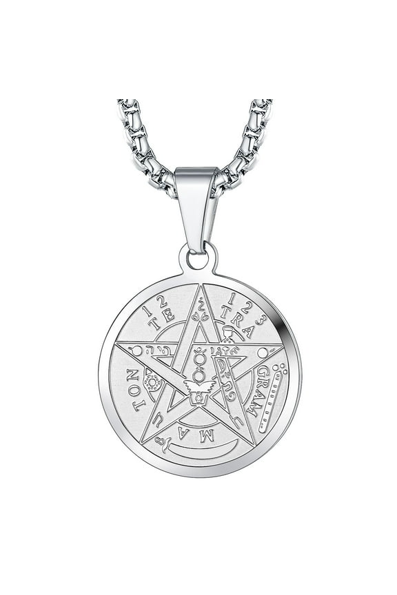 Tetragrammaton Pentacle Necklace for Men, Stainless Steel Eliphas Levi's Pentagram Protection Wicca Amulet Medal Pendant Jewelry Gift for Son Brother Friends Christmas Birthday