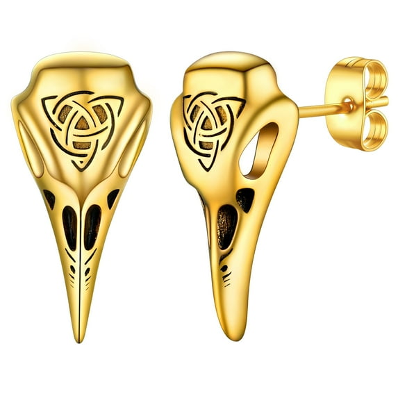 FaithHeart Raven Skull Stud Earrings for Men Stainless Steel Punk Gothic Norse Viking Celtic Knot Protection Jewelry Gift for Friends Grandson Birthday