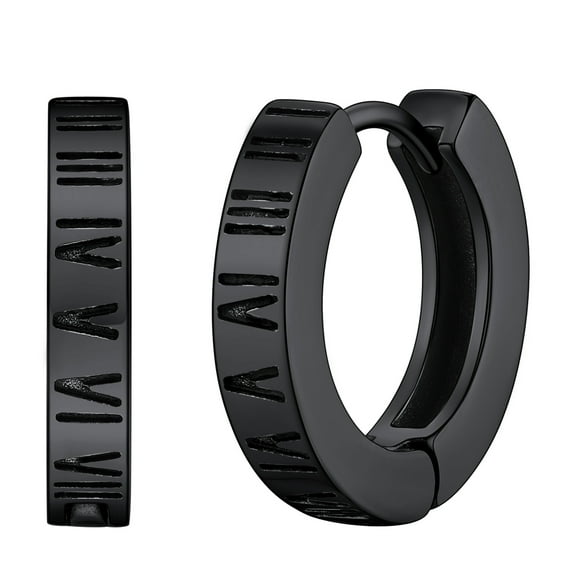 FaithHeart Roman Numerals Huggie Hoop Earrings for Men Women Black Stainless Steel Hip Hop Hypoallergenic Ear Jewelry Gift for Friends Grandson Birthday