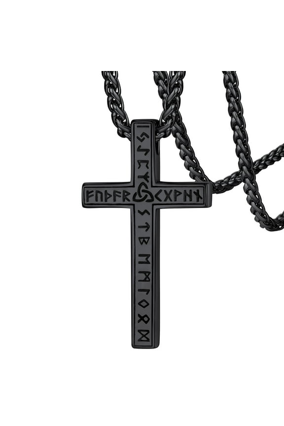 Rune Cross Pendant Necklace for Men Stainless Steel Norse Viking Catholic Christian Religious Jewelry Gift for Dad Father's Day Christmas