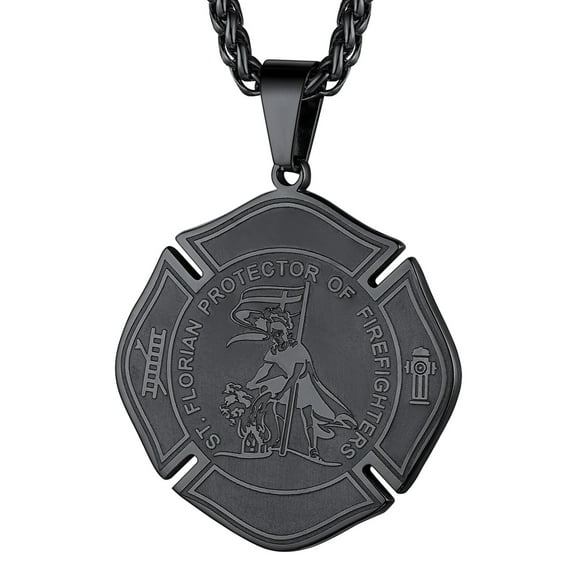 FaithHeart St Florian Firefighter Necklace for Men, Black Stainless Steel Protection Amulet Shield Medal Pendant Necklaces Religious Catholic Jewelry Gifts for Police Father Son Baptism Christmas