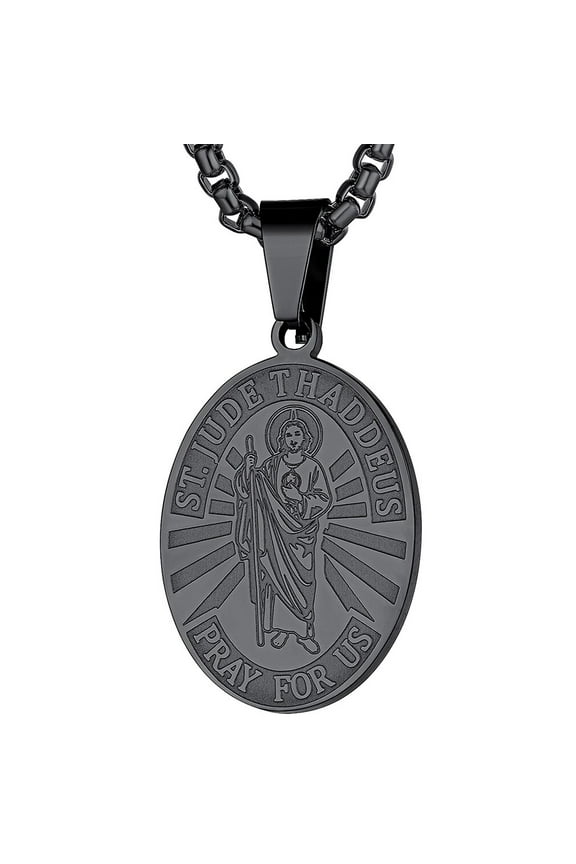 Saint Jude Thaddaeus Pendant Necklace for Men Women Black Patron Judas Lebbeus Medal Traveler Blessings Jewelry Gift for Boyfriend Husband Birthday