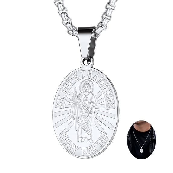 FaithHeart Saint Jude Thaddaeus Necklace for Men Women Stainless Steel Silver Patron Judas Medal Pendant Jewelry Traveler Blessings Jewelry Gift for Husband Dad Fathers' Day Christmas