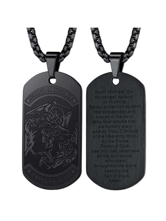 Saint Michael Necklace for Men Women Stainless Steel Black The Archangel Medal Christian Protection Dog Tag Pendant Jewelry Gift for Friends Grandson Birthday