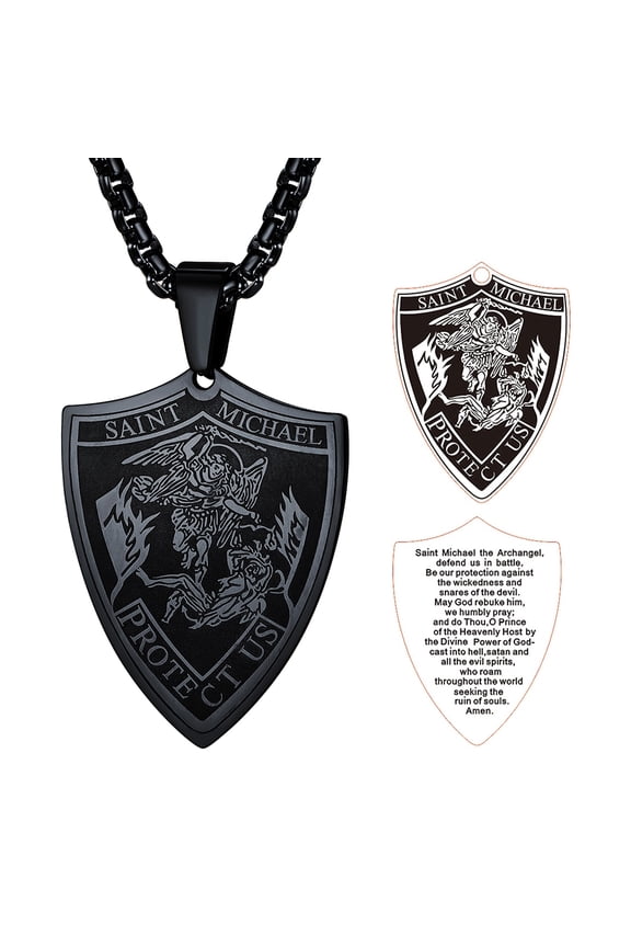 Saint Michael Necklace for Men Women Stainless Steel Black The Archangel Medal Christian Protection Shield Pendant Jewelry Gift for Dad Fathers Day