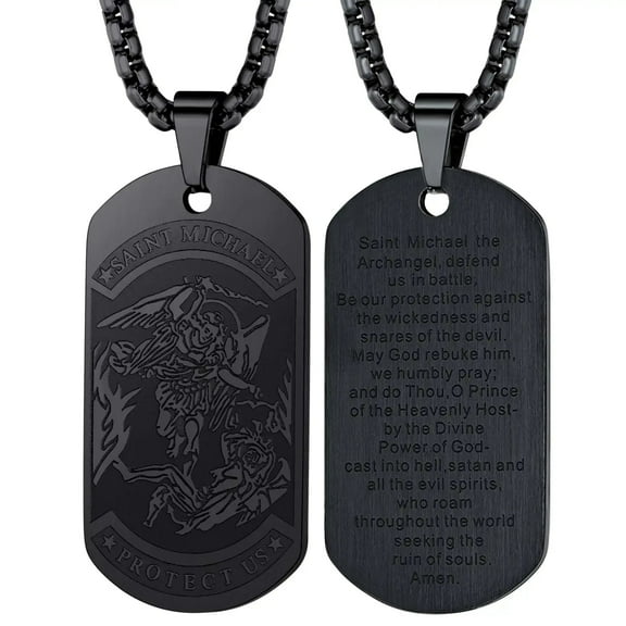 FaithHeart Saint Michael Necklace for Men Women Stainless Steel Black The Archangel Medal Christian Protection Dog Tag Pendant Jewelry Gift for Friends Grandson Birthday