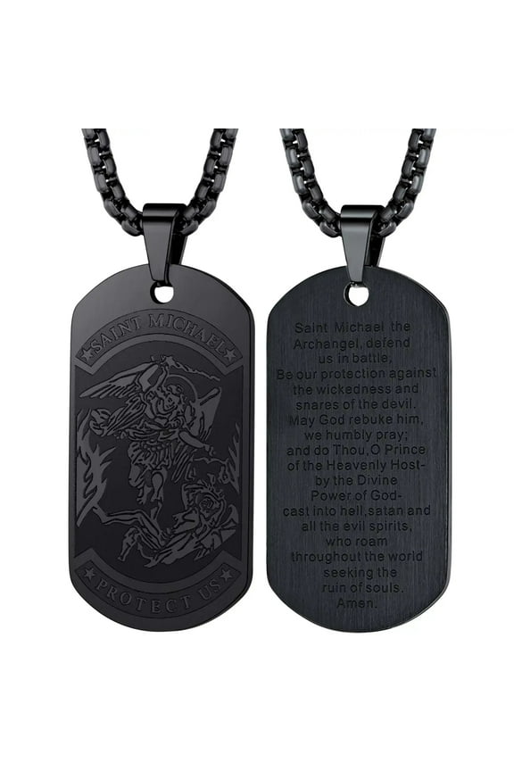 Saint Michael Necklace for Men Women Stainless Steel Black The Archangel Medal Christian Protection Dog Tag Pendant Jewelry Gift for Friends Grandson Birthday