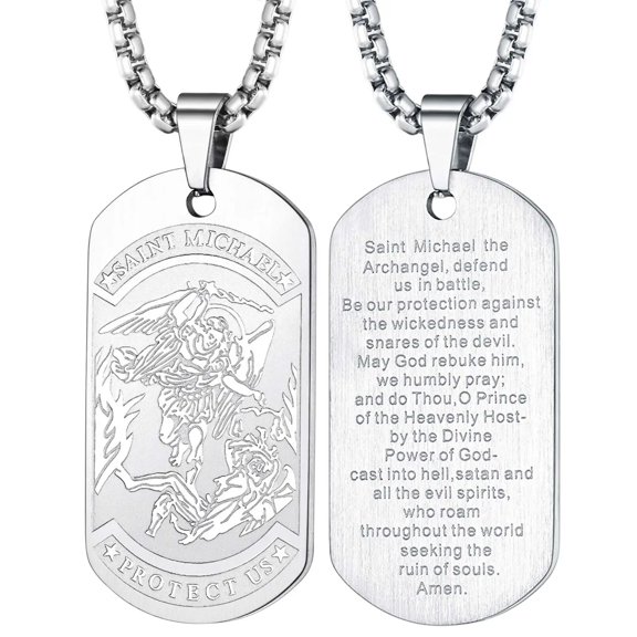 FaithHeart Saint Michael Necklace for Men Women Stainless Steel Silver The Archangel Medal Religious Protection Dog Tag Amulet Pendant Jewelry Gift for Dad Fathers Day