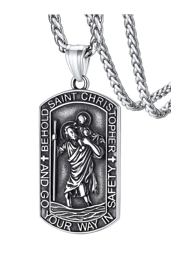 Saint/St. Christopher Pendant Necklace for Men Women Stainless Steel Catholic Christian Patron Dog Tag Medal Amulet for Prayer Silver Men Jewelry Gift for Dad Grandpa Fathers Day
