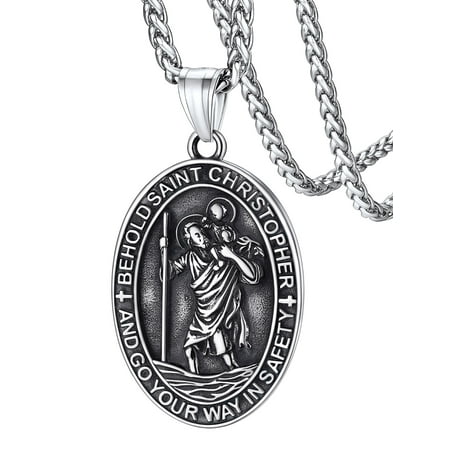 FaithHeart Saint/St. Christopher Pendant Necklace for Men Women Stainless Steel Catholic Christian Patron Oval Medal Amulet for Prayer Silver Men Jewelry Gift for Boyfriend Husband Birthday