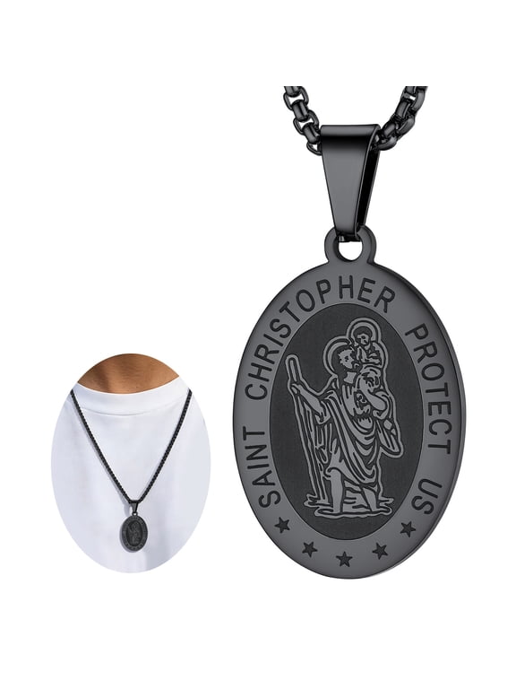 Saint/St. Christopher Pendant Necklace for Men Women Stainless Steel Catholic Christian Oval Medal Blessings Amulet Black Men Jewelry Gift for Dad Grandpa Fathers Day
