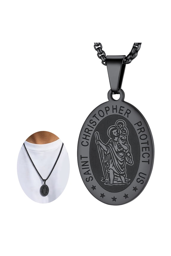 Saint/St. Christopher Pendant Necklace for Men Women Stainless Steel Catholic Christian Oval Medal Blessings Amulet Black Men Jewelry Gift for Dad Grandpa Fathers Day