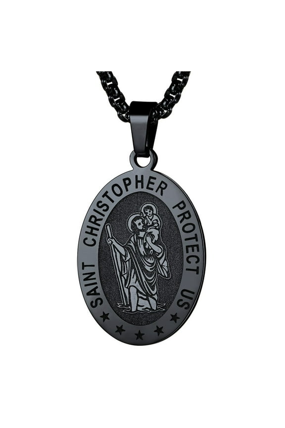 Saint/St. Christopher Pendant Necklace for Men Women Stainless Steel Catholic Christian Oval Medal Blessings Amulet Black Men Jewelry Gift for Dad Grandpa Fathers Day