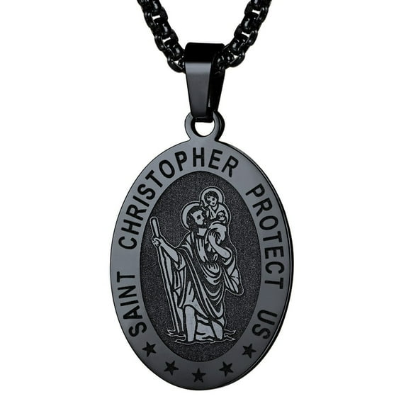 FaithHeart Saint/St. Christopher Pendant Necklace for Men Women Stainless Steel Catholic Christian Oval Medal Blessings Amulet Black Men Jewelry Gift for Dad Grandpa Fathers Day