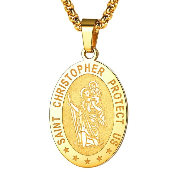 FaithHeart Saint/St. Christopher Pendant Necklace for Men Women Stainless Steel Catholic Christian Oval Medal Blessings Amulet Gold Plated Men Jewelry Gift for Son Brother Christmas