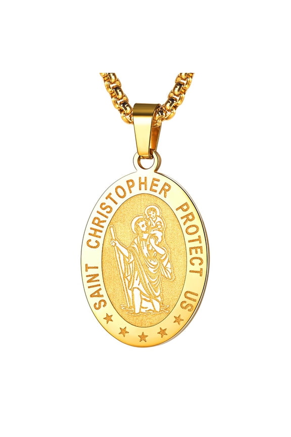 Saint/St. Christopher Pendant Necklace for Men Women Stainless Steel Catholic Christian Oval Medal Blessings Amulet Gold Plated Men Jewelry Gift for Son Brother Christmas