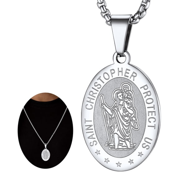 FaithHeart Saint/St. Christopher Pendant Necklace for Men Women Stainless Steel Catholic Christian Patron Oval Medal Blessings Amulet Silver Men Jewelry Gift for Boyfriend Husband Birthday