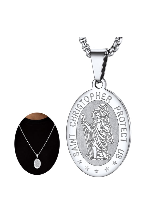Saint/St. Christopher Pendant Necklace for Men Women Stainless Steel Catholic Christian Patron Oval Medal Blessings Amulet Silver Men Jewelry Gift for Boyfriend Husband Birthday