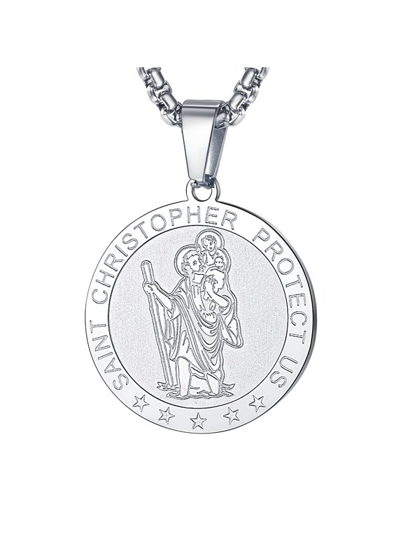 Saint/St. Christopher Pendant Necklace for Men Women Stainless Steel Catholic Christian Patron Round Medal Blessings Amulet Silver Men Jewelry Gift for Boyfriend Husband Birthday