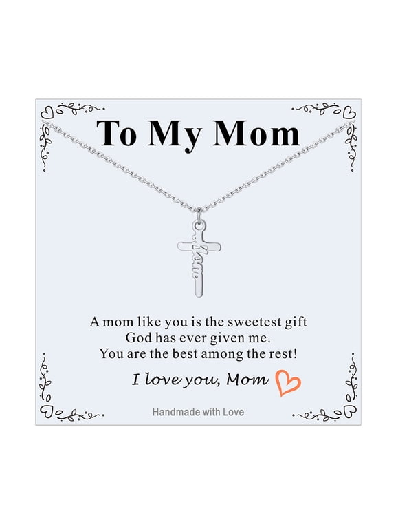 Silver Cross Necklace for Women Stainless Steel Dainty Small Faith Pendant Necklaces with Message Card To My Mom Christian Easter Mothers Day Birthday Gifts for Mom
