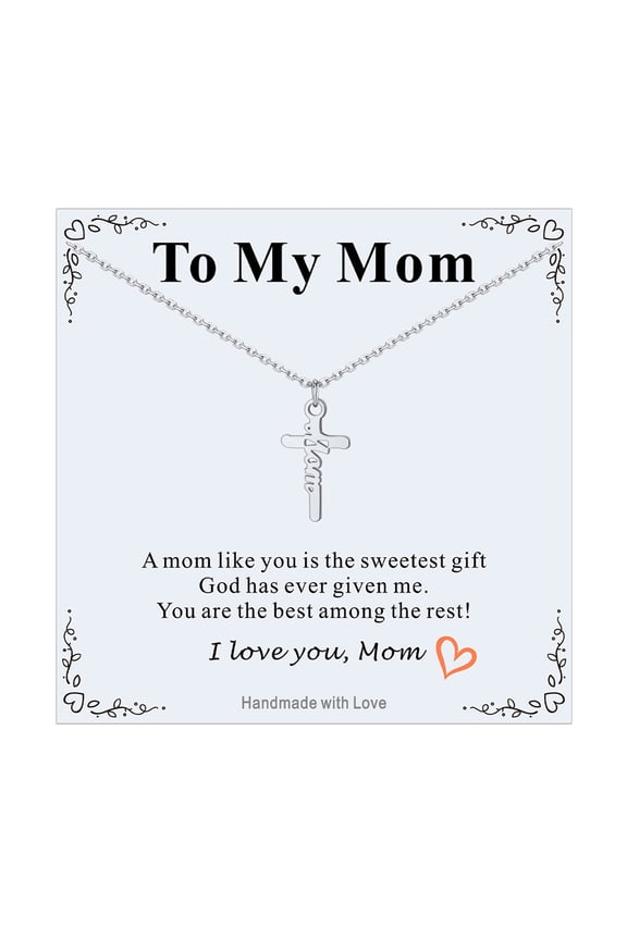Silver Cross Necklace for Women Stainless Steel Dainty Small Faith Pendant Necklaces with Message Card To My Mom Christian Easter Mothers Day Birthday Gifts for Mom
