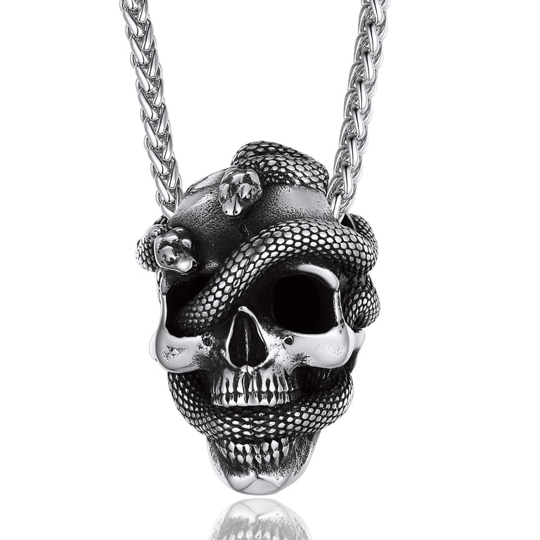 Skull & Wings Necklace - Punk Gothic Skeleton Pendant Choker, 23.6 Inch Chain, Alloy & Stainless Steel, Halloween Jewelry Gift